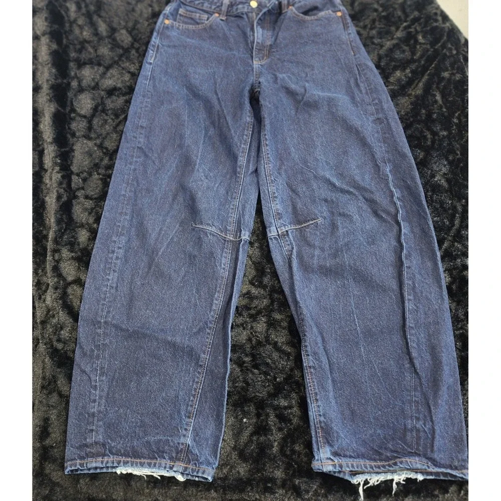 GU Jeans Women's LARGE Barrel Wide Leg Flare Dark Wash Wide Leg Baggy Raw Denim - Picture 4 of 12